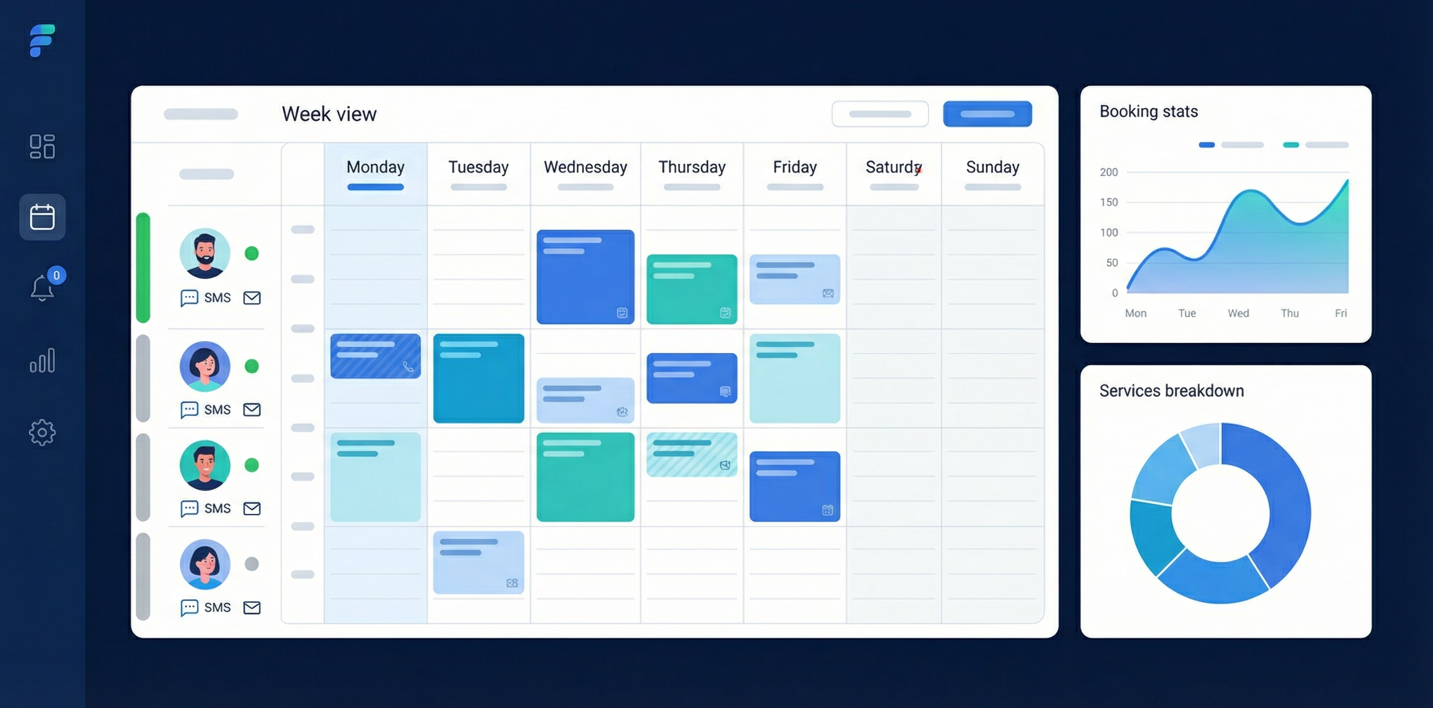 Panel rezerwacji – widok tygodnia z grafikiem pracowników